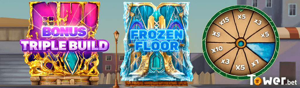 Tower Rush bonus floor features, Triple Build bonus and Frozen Floor special floor