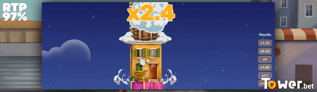 Tower Rush live round in progress with RTP badge and multiplier history